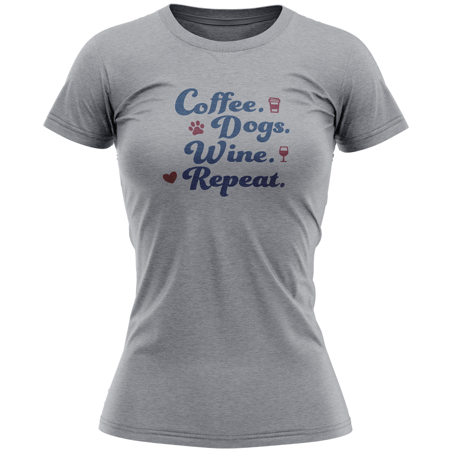 SALE - Ladies T-Shirt - Coffee. Dogs. Wine. Repeat.